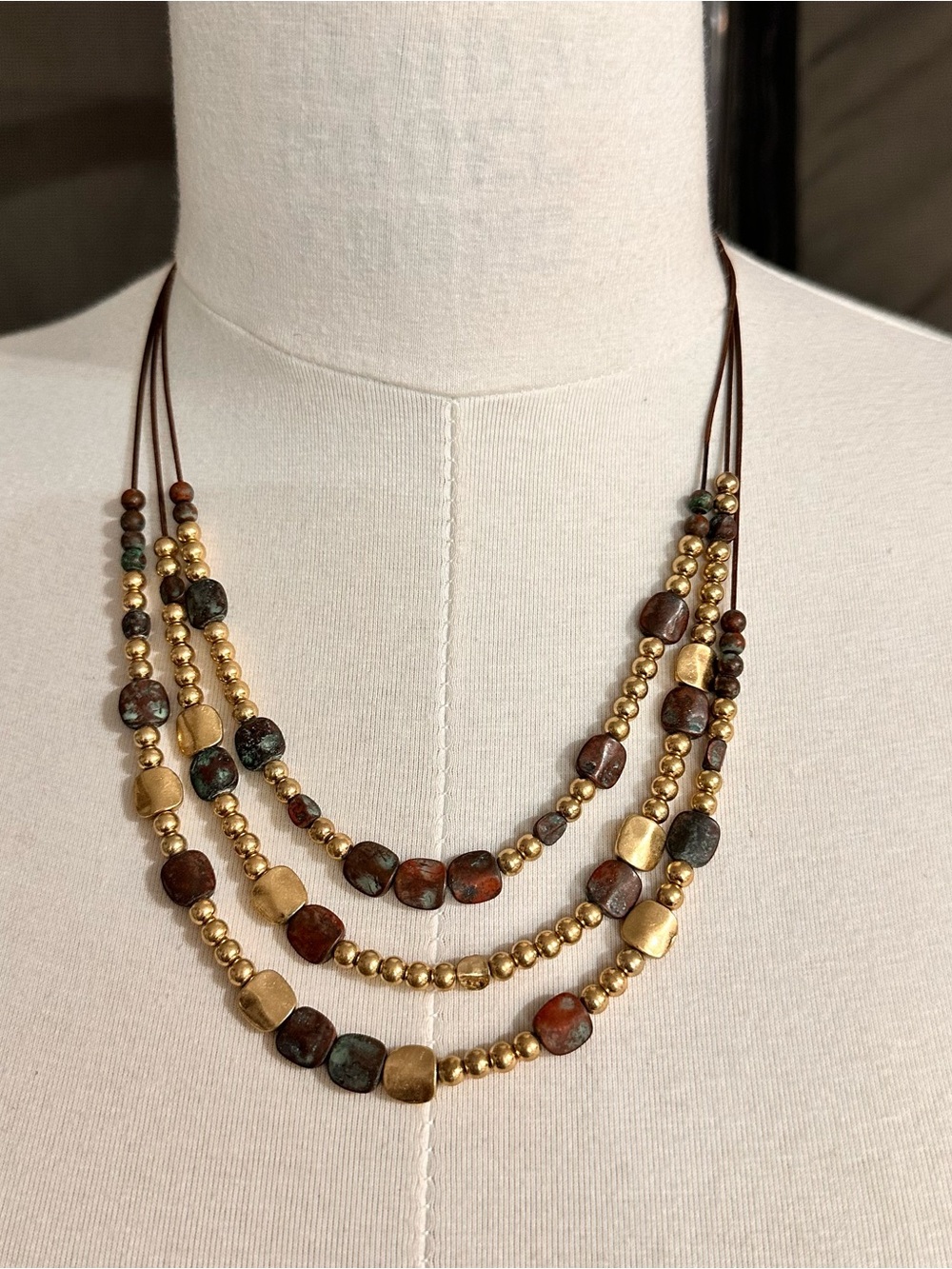 Multi-Strand Brown and Gold Beaded Necklace